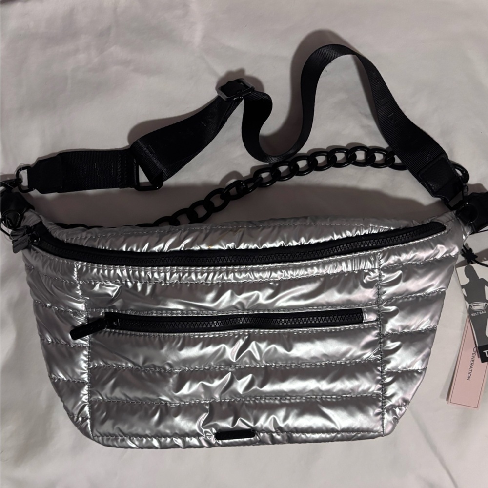 BCBGeneration Metallic Silver Quilted Crossbody Belt Bag